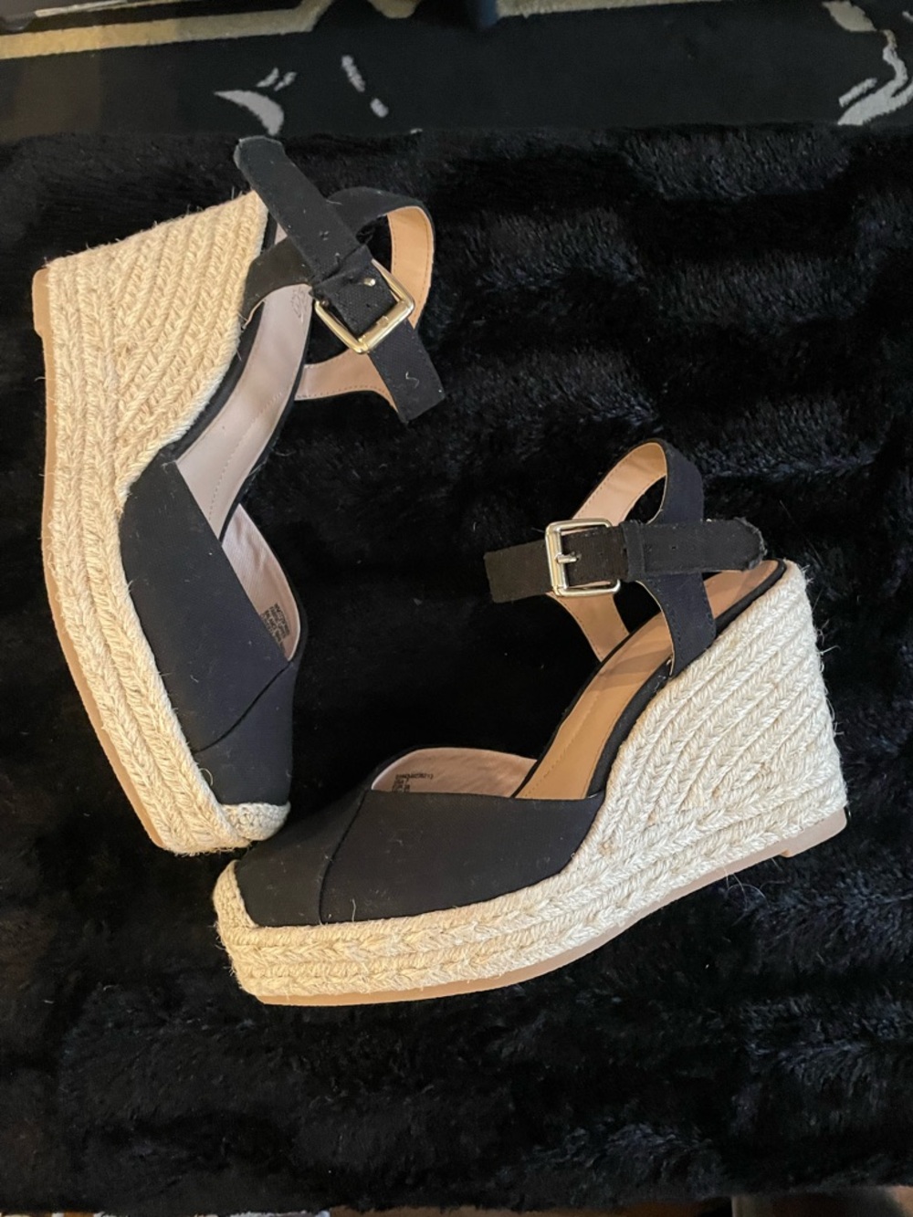 Time and Tru Black Canvas Espadrille Wedge Sandals with Ankle Strap